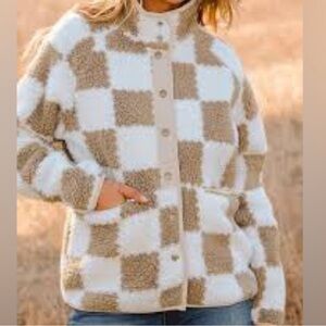 Wild Rose Beige/Cream checkered Fleece Teddy Jacket